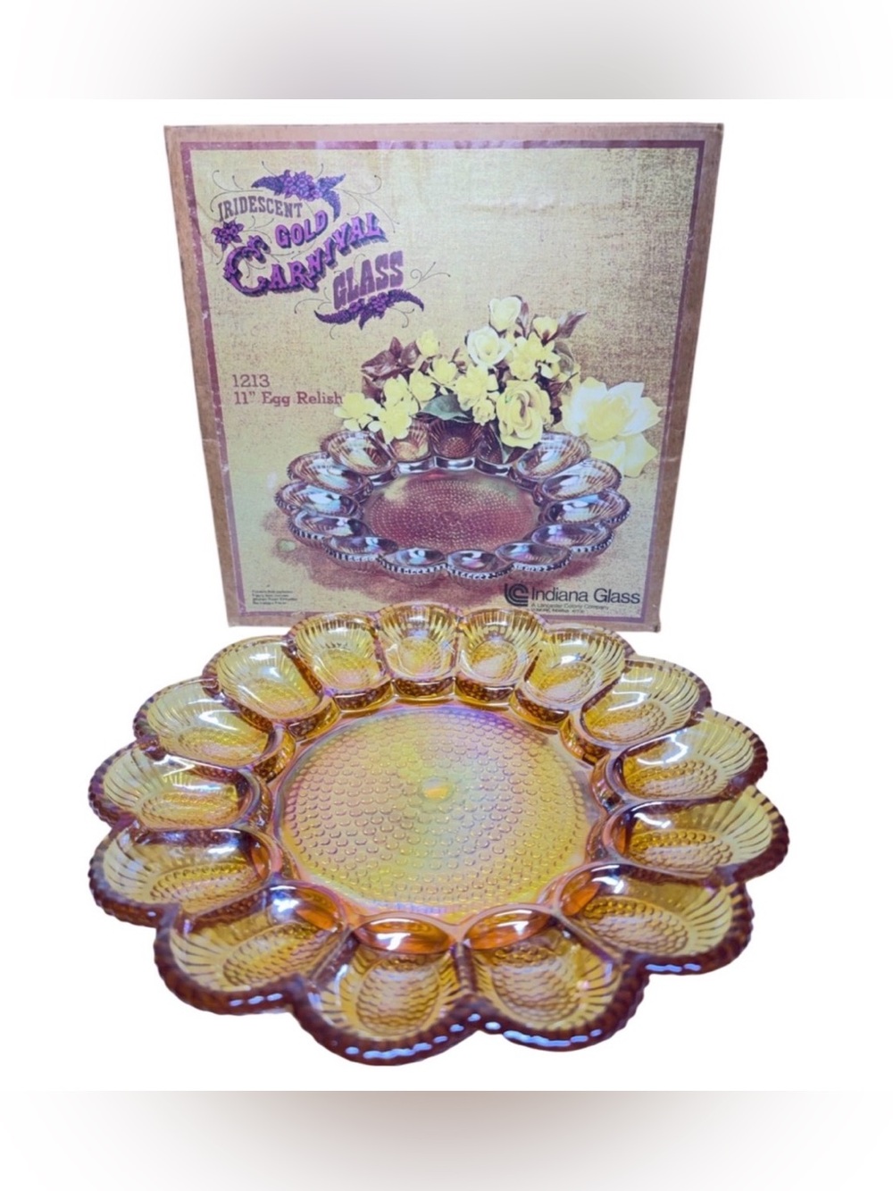 Iridescent Gold Carnival Glass 11” Deviled Egg Platter Indiana Glass Vintage
